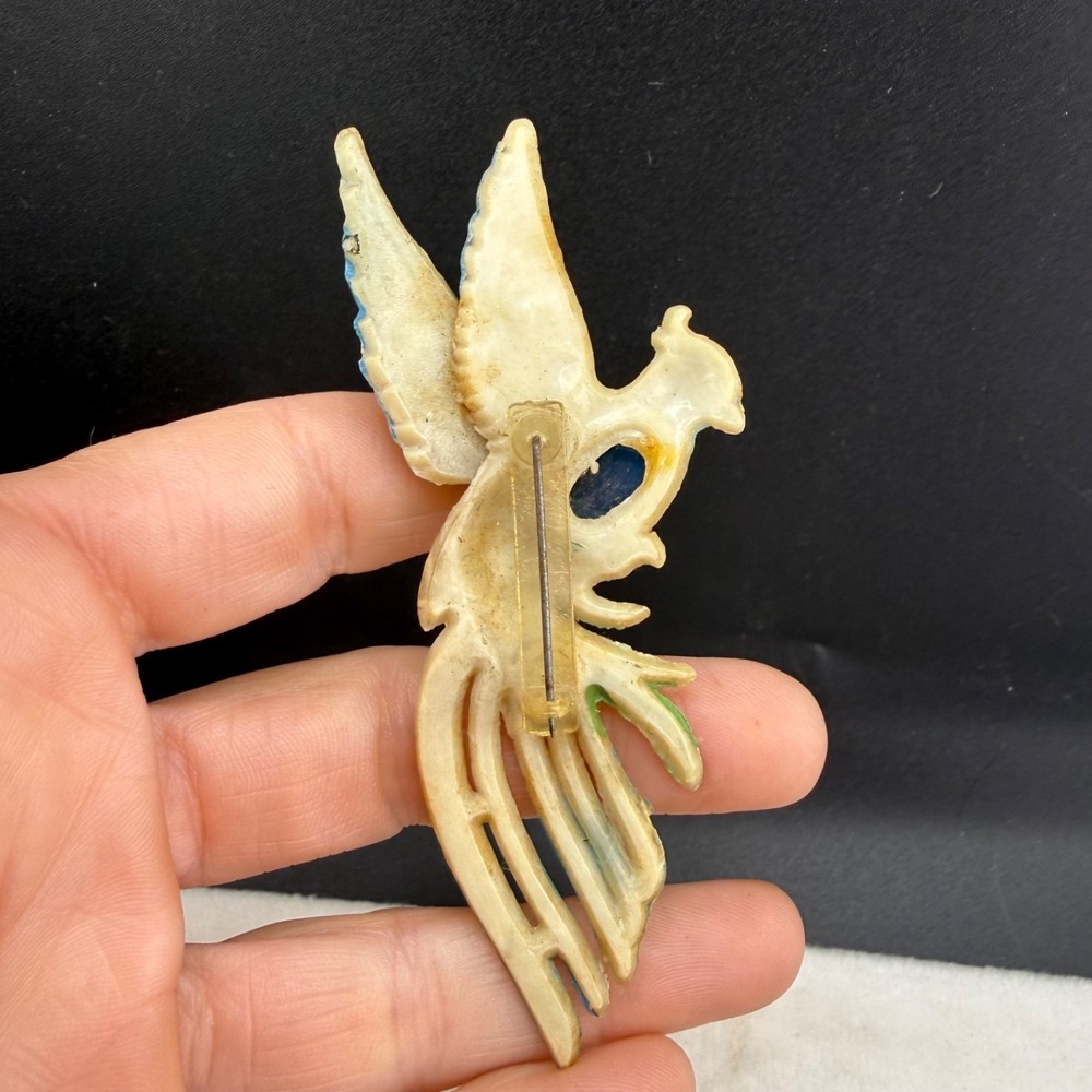 Vintage Bird Brooch Molded Celluloid Blue - Picture 6 of 9
